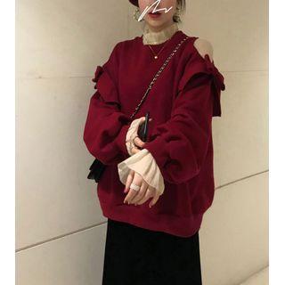 Cold Shoulder Bow Sweatshirt Wine Red - One Size