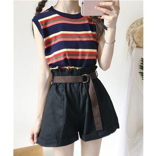 Striped Sleeveless Knit Top / Paperbag Waist Shorts