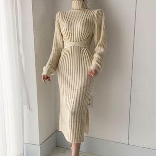 Ribbed Knit Turtleneck Midi Sweater Dress Off-white - One Size