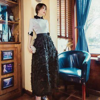 Set: Color Block Elbow-sleeve Knit Top + Fringed Trim Midi A-line Skirt
