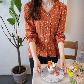 Tie-waist Polka-dot Blouse Red Brown - One Size
