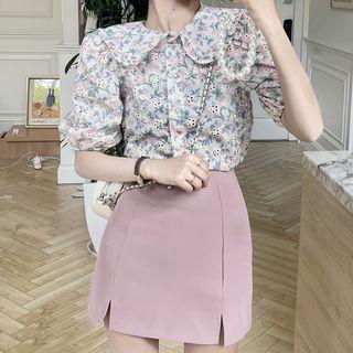 Puff-sleeve Collar Floral Blouse / Mini A-line Skirt