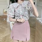 Puff-sleeve Collar Floral Blouse / Mini A-line Skirt