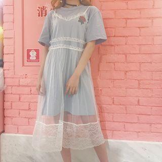 Set: Short Sleeve Rose Longline Tee + Spaghetti-strap  See-though Lace Dress
