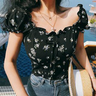 Cap-sleeve Floral Print Ruffled Top