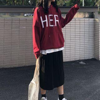 Lettering Hoodie / Ribbed Straight Fit Midi Skirt