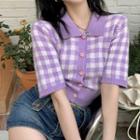 Short-sleeve Plaid Knit Top Purple - One Size