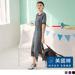 Short Sleeve Letter Print Contrast Trim Slit Midi T-shirt Dress