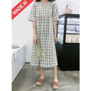 Short-sleeve Plaid Cotton Long Dress