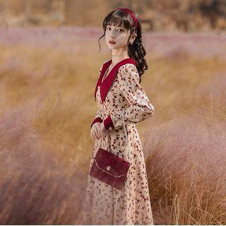 Long-sleeve Wide-collar Floral Print Maxi A-line Dress