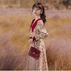 Long-sleeve Wide-collar Floral Print Maxi A-line Dress