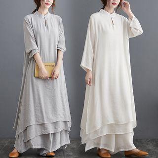 Set: Long-sleeve Cheongsam + Wide-leg Pants
