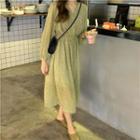 Long-sleeve Floral Chiffon A-line Midi Dress Green - One Size