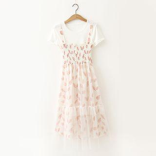 Set: Short-sleeve T-shirt + Maxi Leaf Print Pinafore Dress