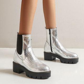 Platform Block Heel Croc Grain Short Boots