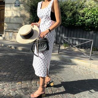 Polka-dot Long Overall Dress Ivory - One Size