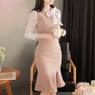 Tie-neck Sheer-sleeve Midi Mermaid Dress