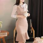 Tie-neck Sheer-sleeve Midi Mermaid Dress