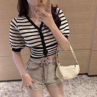 Short-sleeve Striped Cardigan Stripes - Black & White - One Size