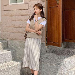 Band-waist Check Midi Skirt