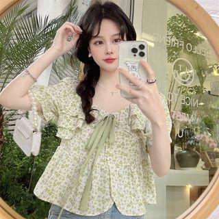 Floral Ruffle Trim Blouse Floral - Green & White - One Size