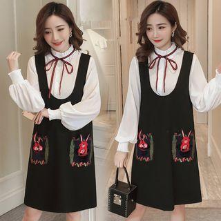 Mock Two Piece Puff Sleeve Embroidered Dress