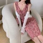 Long-sleeve Ruffled Trim Cardigan / V-neck Floral Midi Dress