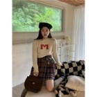 Lettering Cropped Sweater / Plaid Mini A-line Skirt