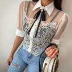Puff-sleeve See-through Lace Blouse With Brooch