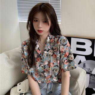 Short-sleeve Floral Print Open-collar Shirt Floral - Light Blue - One Size