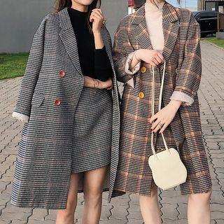 Set: Double-breasted Plaid Coat + Mini Plaid A-line Skirt