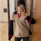 Long-sleeve Color Block Knit Top Beige Almond - One Size