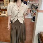 Puff-sleeve Plain Blazer / Plain Pleated Midi Skirt