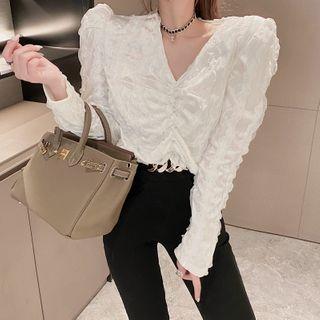 Long-sleeve Textured V-neck Crop Top White - One Size