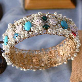 Wedding Flower Faux Pearl Rhinestone Headpiece White - One Size