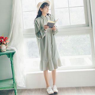 Single-breasted Stand-collar Long-sleeved Loose-fit Plain Mermaid Dress