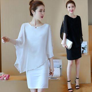 Crew-neck 3/4-sleeve Chiffon Dress
