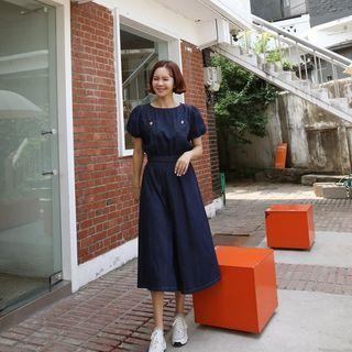 Puff-sleeve Top & A-line Skirt Denim Set Dark Blue - One Size