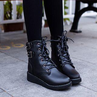 Faux-leather Buckled Lace-up Ankle Boots