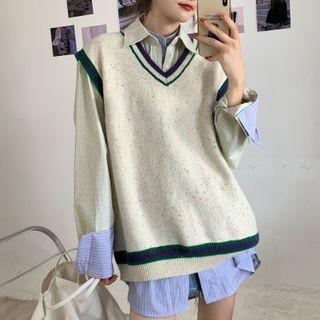 Contrast Trim Sweater Vest / Plain Shirt