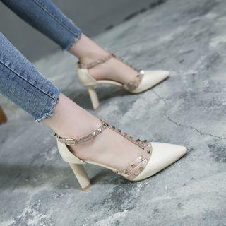 Studded T-strap Pointed Toe Pumps