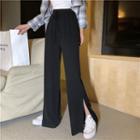 Plain Slit Wide-leg Pants Black - One Size