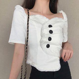 Short-sleeve Frill Trim Buttoned Irregular Top