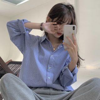 Long-sleeve Striped Loose-fit Shirt Stripes - Blue & White - One Size