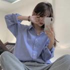 Long-sleeve Striped Loose-fit Shirt Stripes - Blue & White - One Size