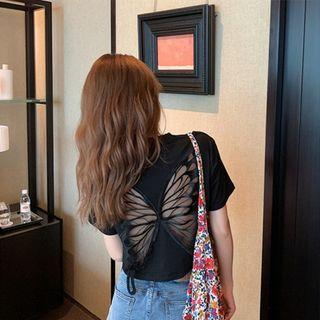 Short-sleeve Plain Butterfly Cutout Cropped T-shirt
