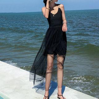Spaghetti Strap Mesh-overlay Maxi Sundress