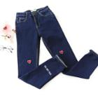 Heart Embroidered Straight Cut Jeans