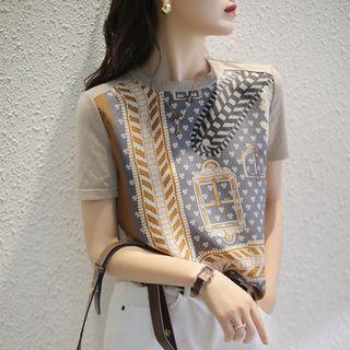 Short-sleeve Knit Top Blue & Khaki - One Size