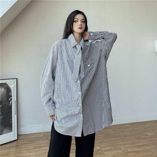 Tie-neck Striped Panel Shirt Stripe - White - One Size